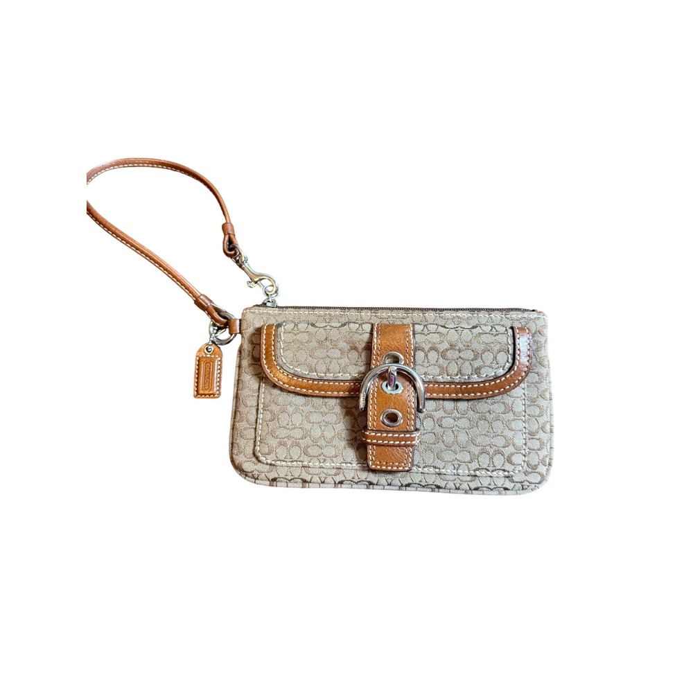 Coach Signature Jacquard Leather Buckle Wristlet Pouch Khaki Tan Silver Hardware